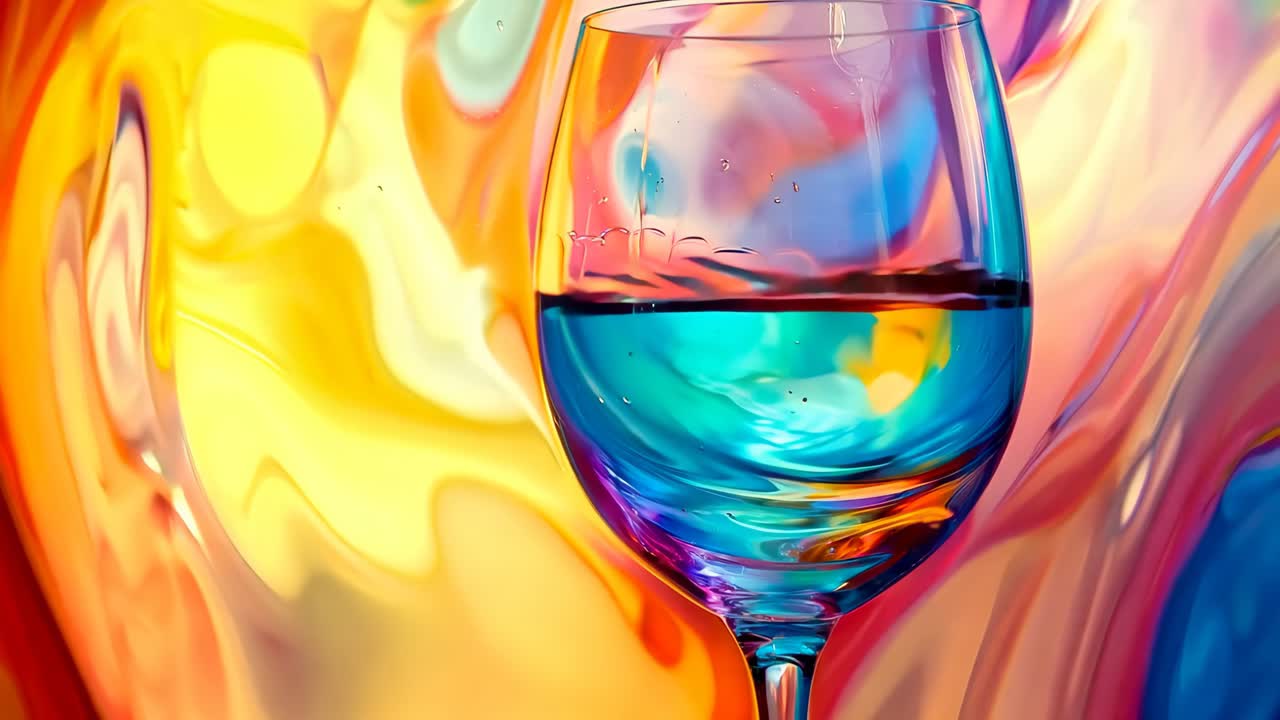 un vaso de vino azul y rojo en un fondo colorido