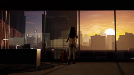 asian businesswoman with suitcase talks on smartphone and looking out of the window on big city with skyscrapers at sunset