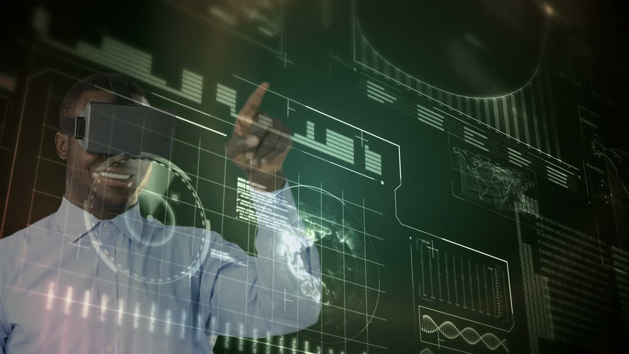 usando auriculares de realidad virtual, el hombre interactuando con la animación de interfaz digital futurista