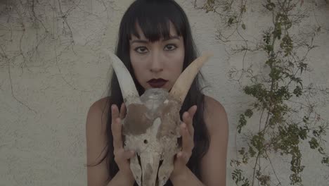 zoom in of beautiful woman unveiling her face behind the skull of an animal with horns