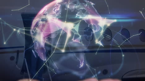 animation of network of connections over airplane and businessman