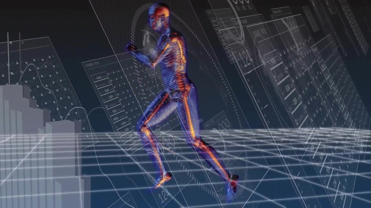 Efter at et gennemsigtigt metallisk skelet er dukket op, jogger og roterer det til biomekanisk analyse.
