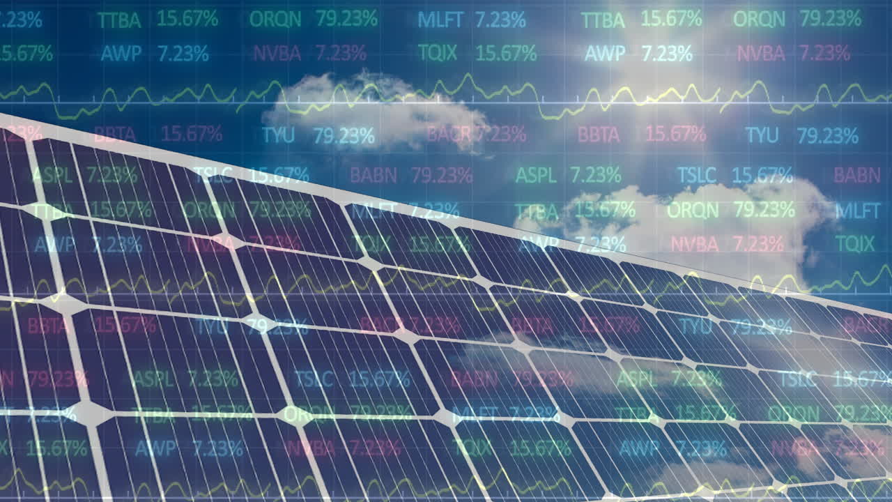 파란 하늘의 구름에 대한 태양 전지 패널을 통해 주식 시장 데이터 처리