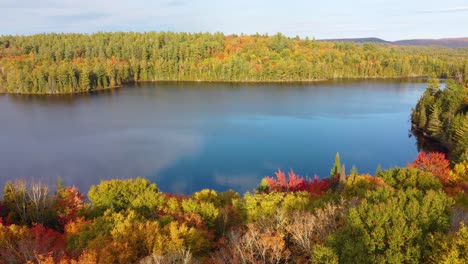 a serene lake surrounded by colorful autumn foliage under a clear sky, reflecting nature’s vibrant hues