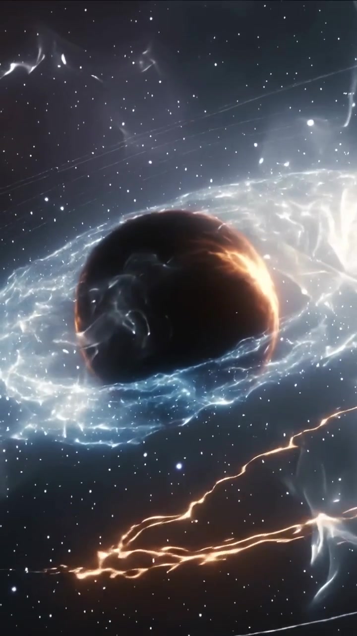 Vertical video: Brightening ring causing planet glowing orange along right limb with wisps in space