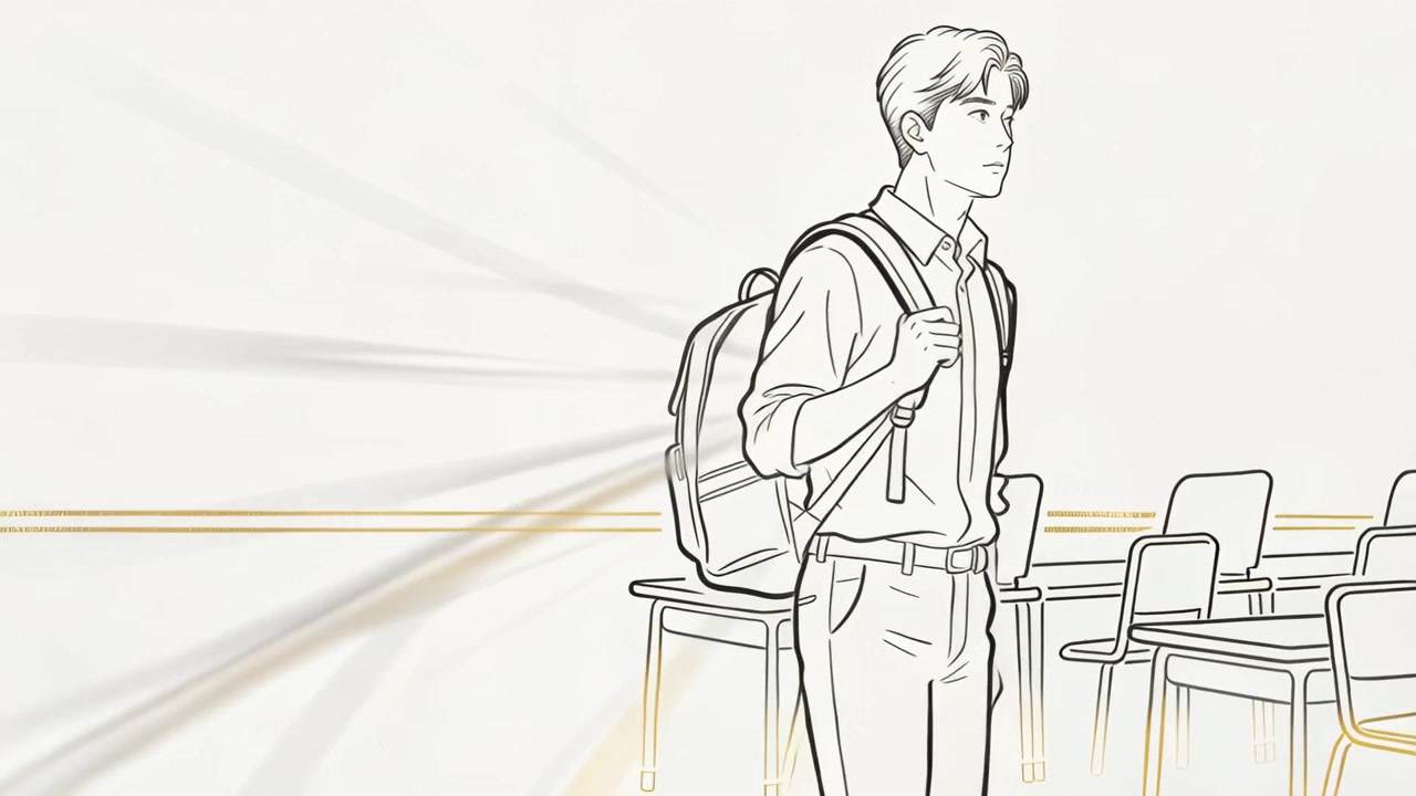 Glancing teen student collared shirt gripping backpack strap walking left across desks, copy space