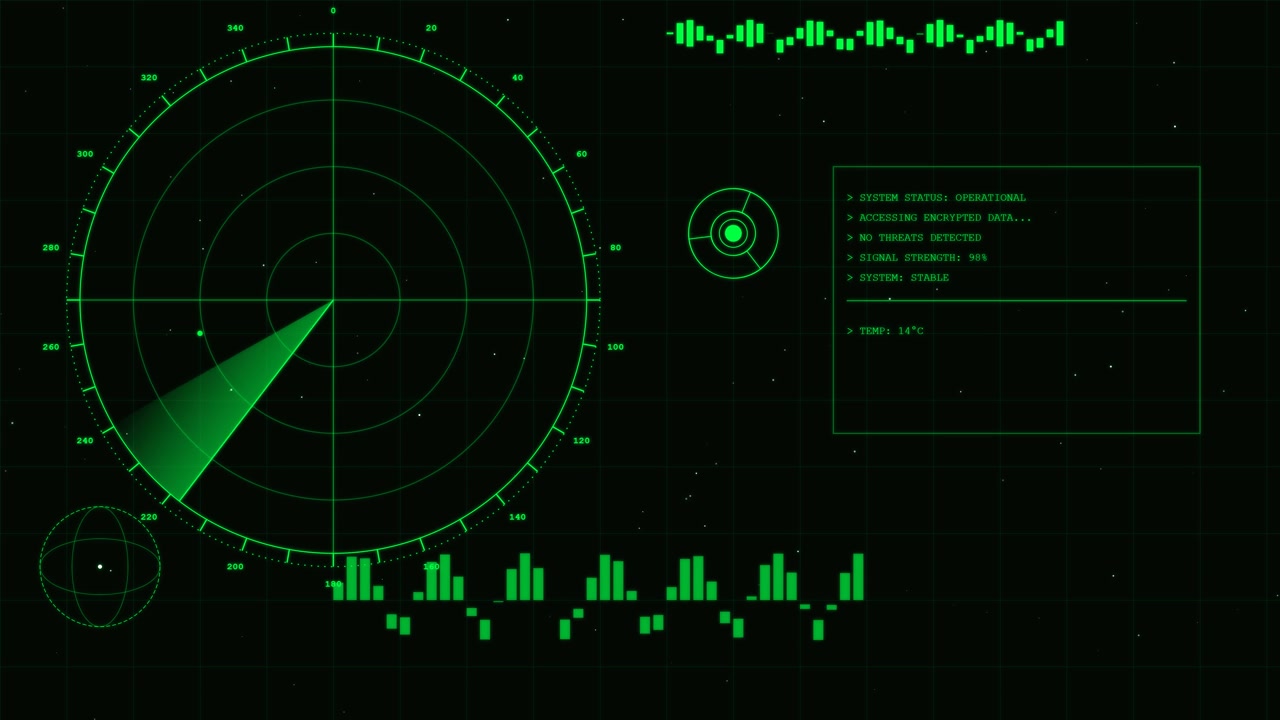 Interfaccia di schermo radar digitale con scanner rotante e letture dati