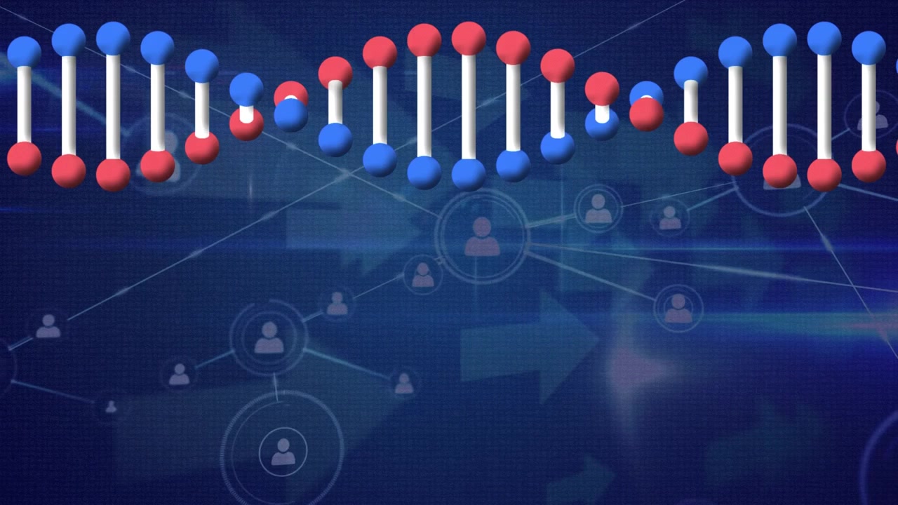 Animation af en DNA-streng over et netværk af forbindelser med ikoner og pile på sort baggrund