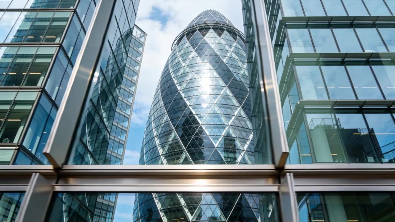 Câmera em movimento subindo pelo átrio em direção ao Gherkin, mostrando montantes e reflexos do sol, evidenciando a altura.