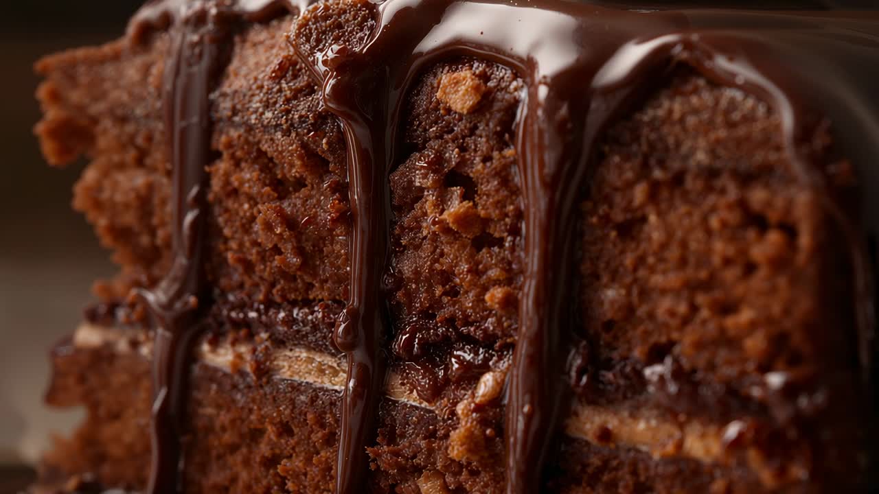 Pouring ganache from overhead onto chocolate layer cake slice in kitchen, showing sponge layers