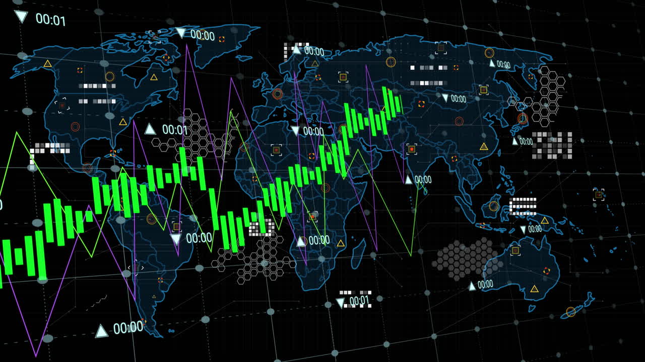 animación del procesamiento de datos a través de la red de red contra el mapa del mundo en fondo negro.