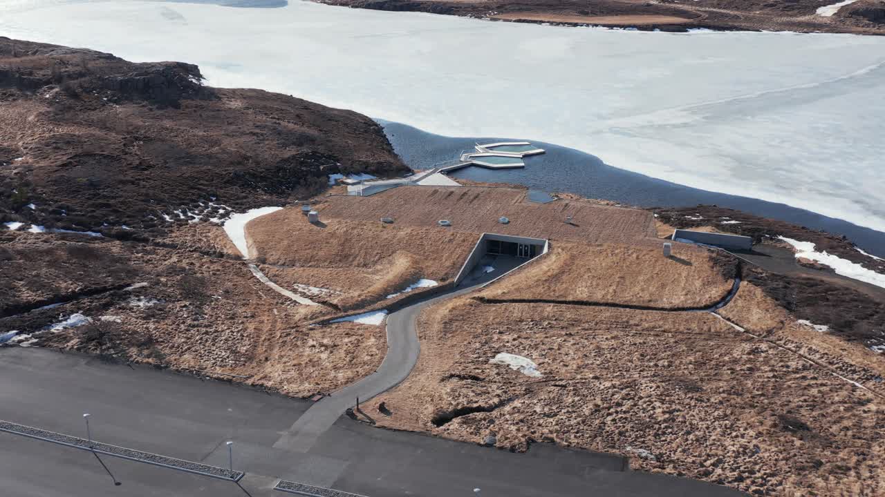 Vök geothermal bath spa wellness in East Iceland, entrance view, aerial