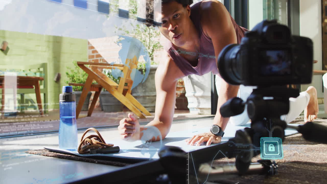Person exercising indoors with camera recording and digital lock animation overlay