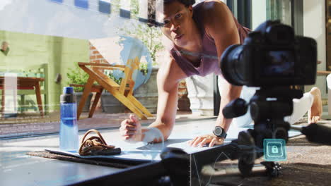person exercising indoors with camera recording and digital lock animation overlay