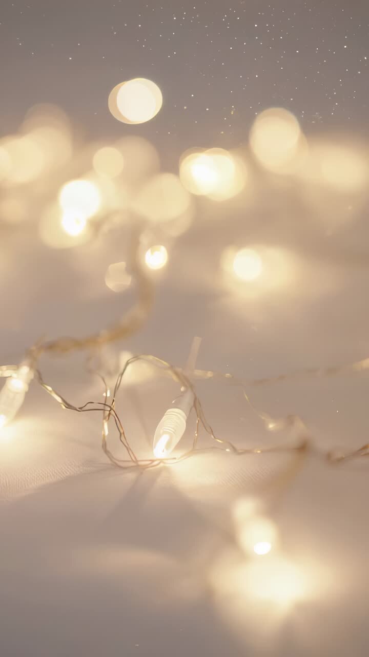 Vertical video: Racking focus camera showing warm LED string on table with copper wire to show glow