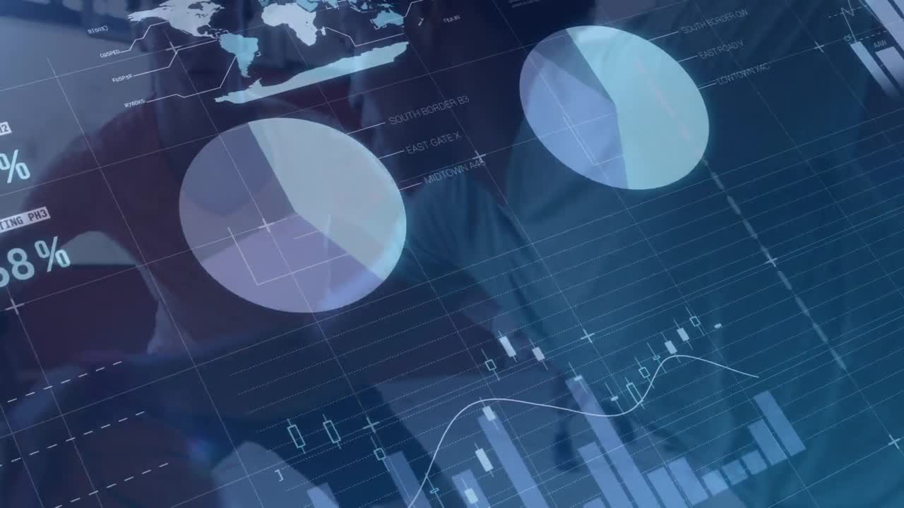 Animation of financial data processing over diverse group of male basketball players at gym