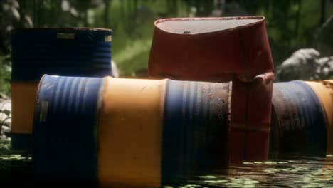 Rusty-barrels-in-green-forest