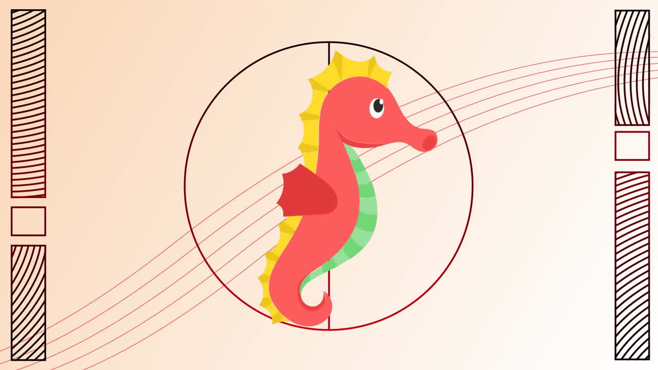 animación de caballito de mar sobre formas negras sobre fondo blanco