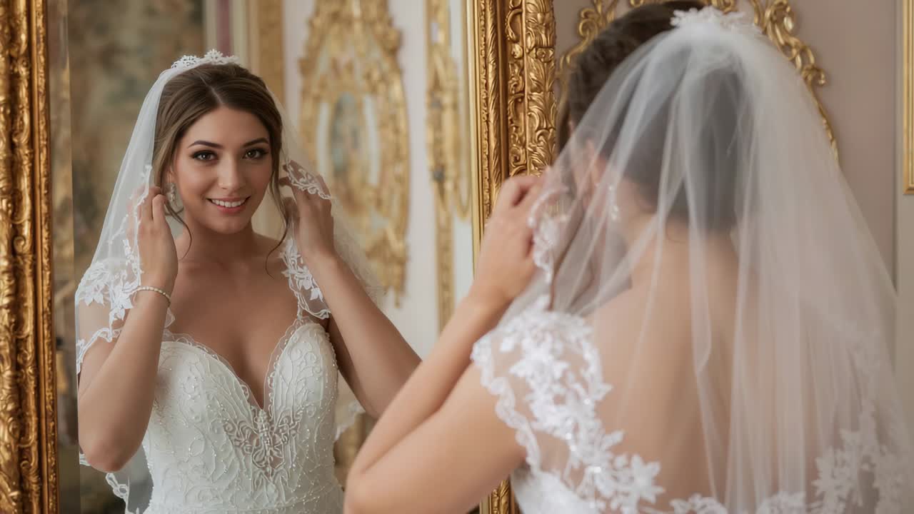 Noticing mirror, bride adjusting lace veil over gown for wedding and checking earrings at suite