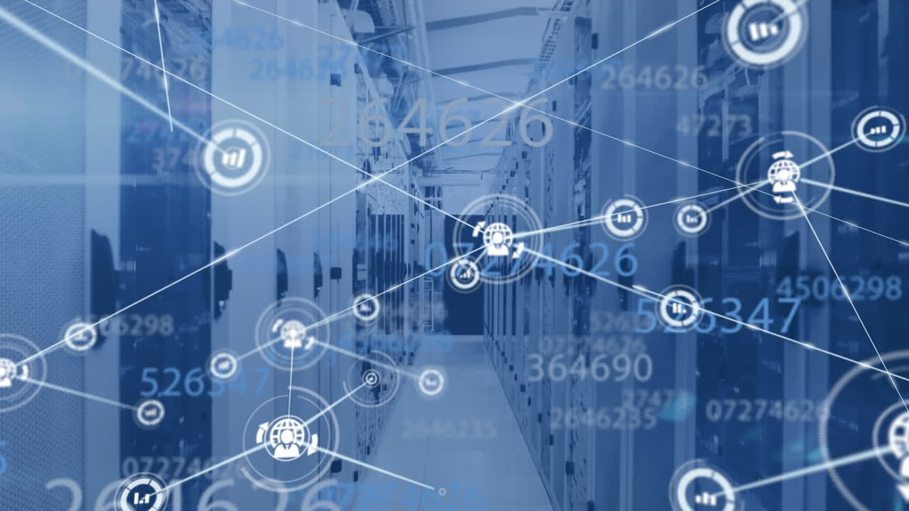animación de la red de conexiones con iconos y procesamiento de datos sobre la sala de servidores