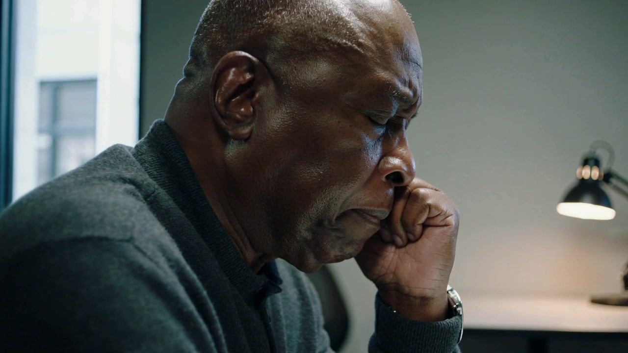 Reacting to tough report, senior man wearing sweater, wristwatch, leaning at office desk, with lamp