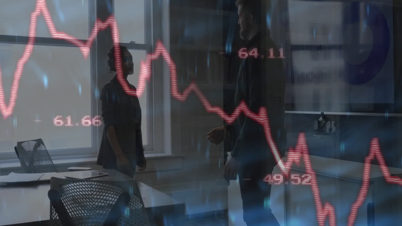 Shaking hands, business professionals with stock market graph animation overlay