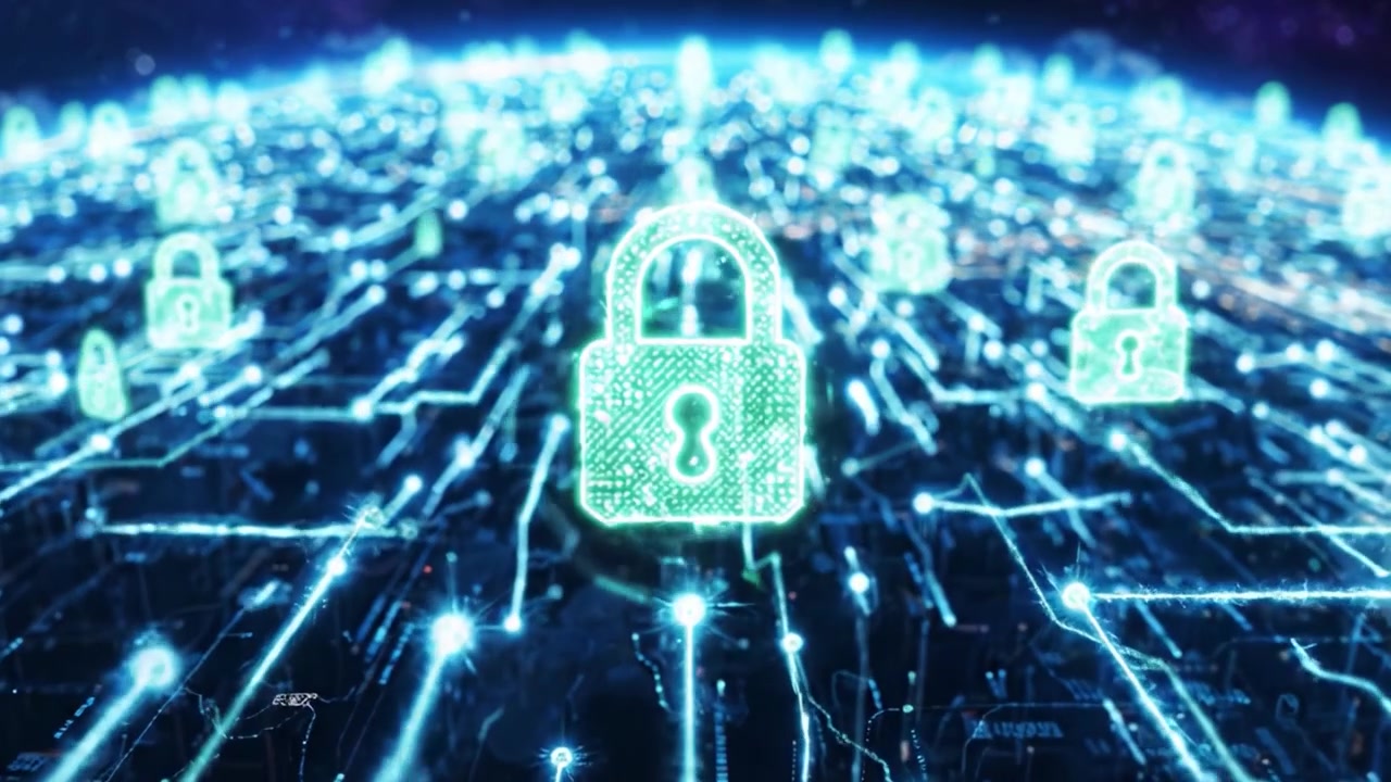 A Stunning Transition from Earth to a Secure Cyber Landscape, Showcasing Cloudy Horizons and Digital Locks Guarding Data in a Futuristic Universe
