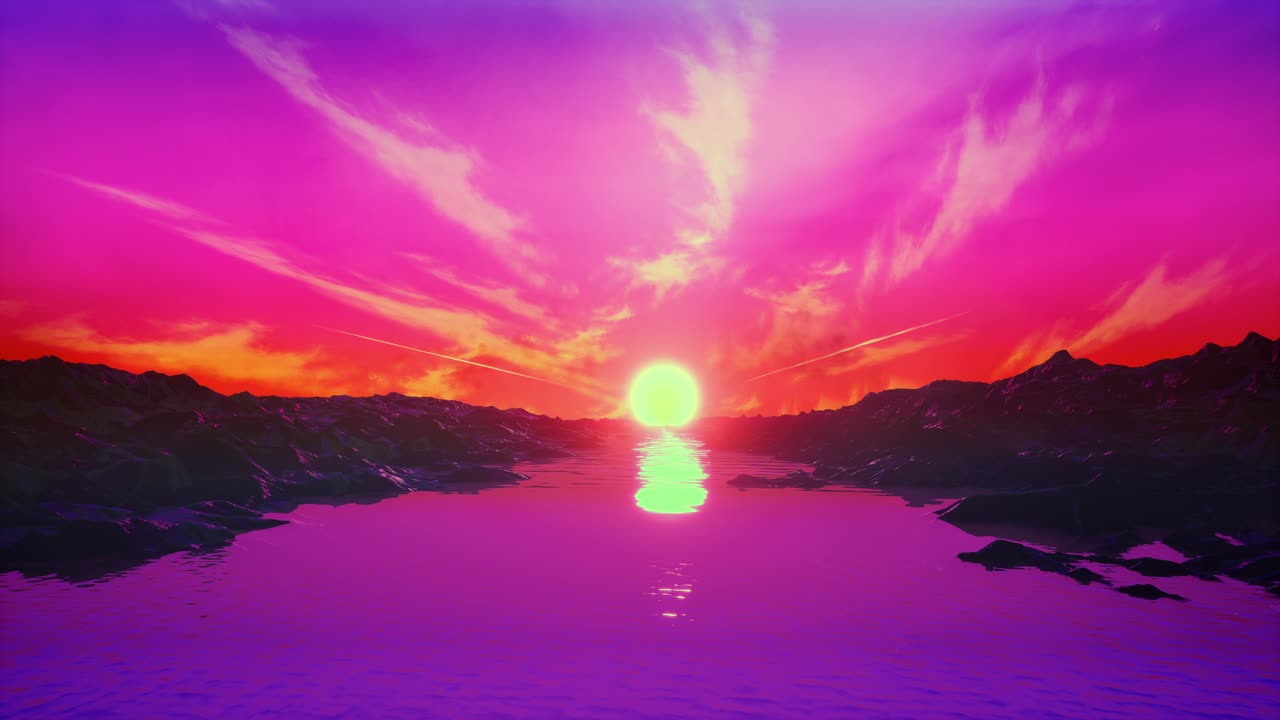 Retro 1980S Animation With Rocks, River, Sun And Cyberpunk Pink