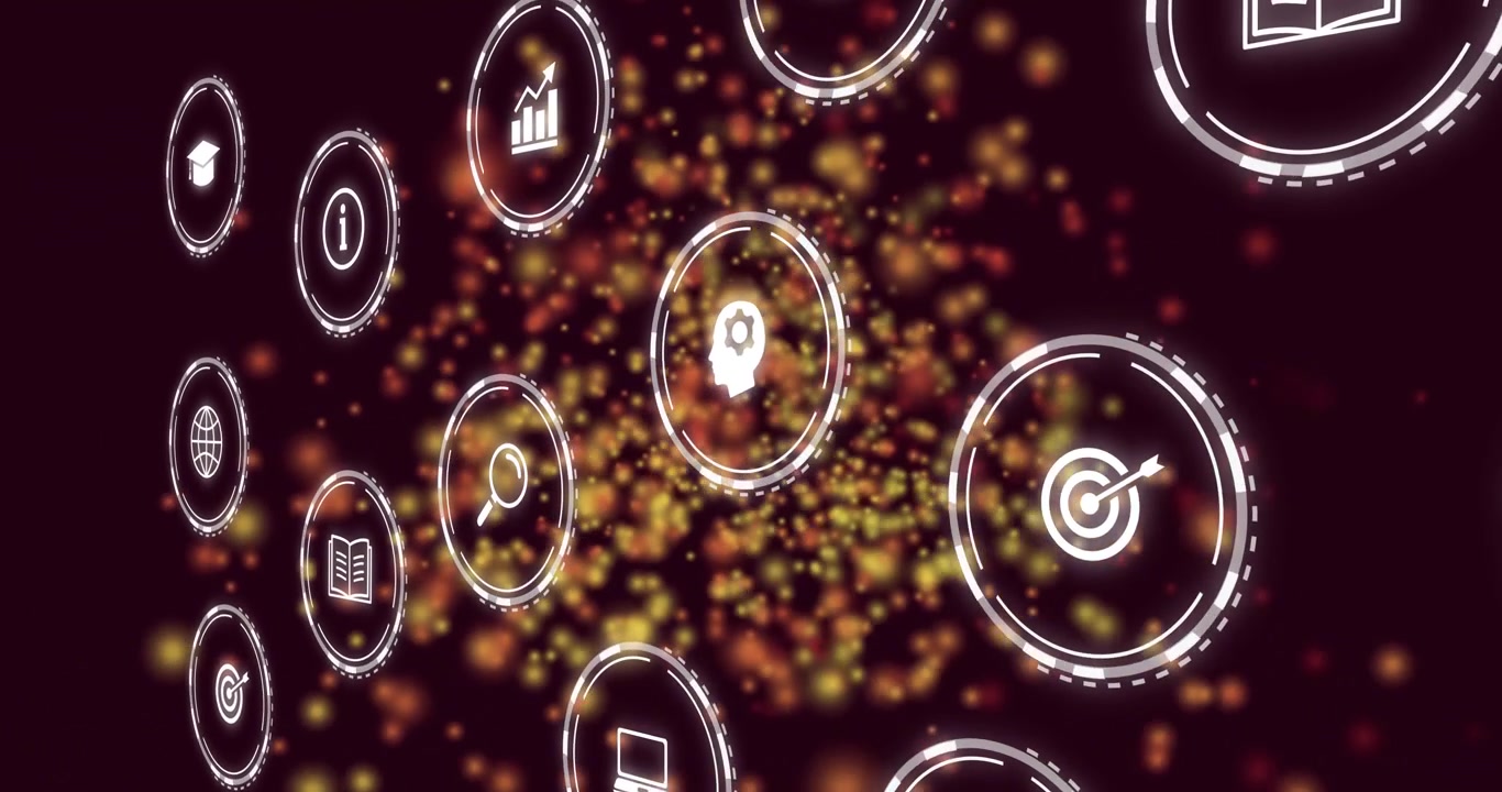 Icona di bersaglio fluttuante all'interno di un anello segmentato, che mostra un'interfaccia utente digitale bordeaux con icone luminose.