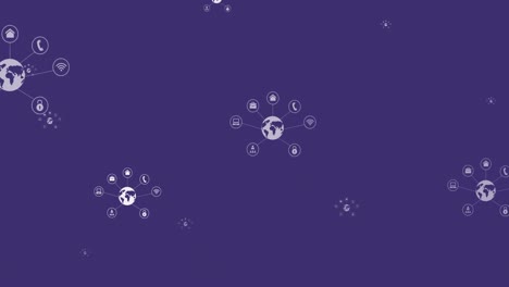 Animation-of-white-globes-with-network-of-digital-icons-flying-up-on-purple-background