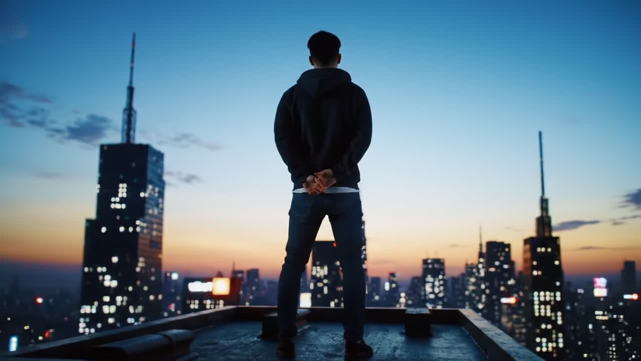 A Contemplative View: A Figure Standing on a Rooftop Overlooking a Vibrant City Skyline at Dusk, Capturing the Essence of Urban Exploration and Reflection