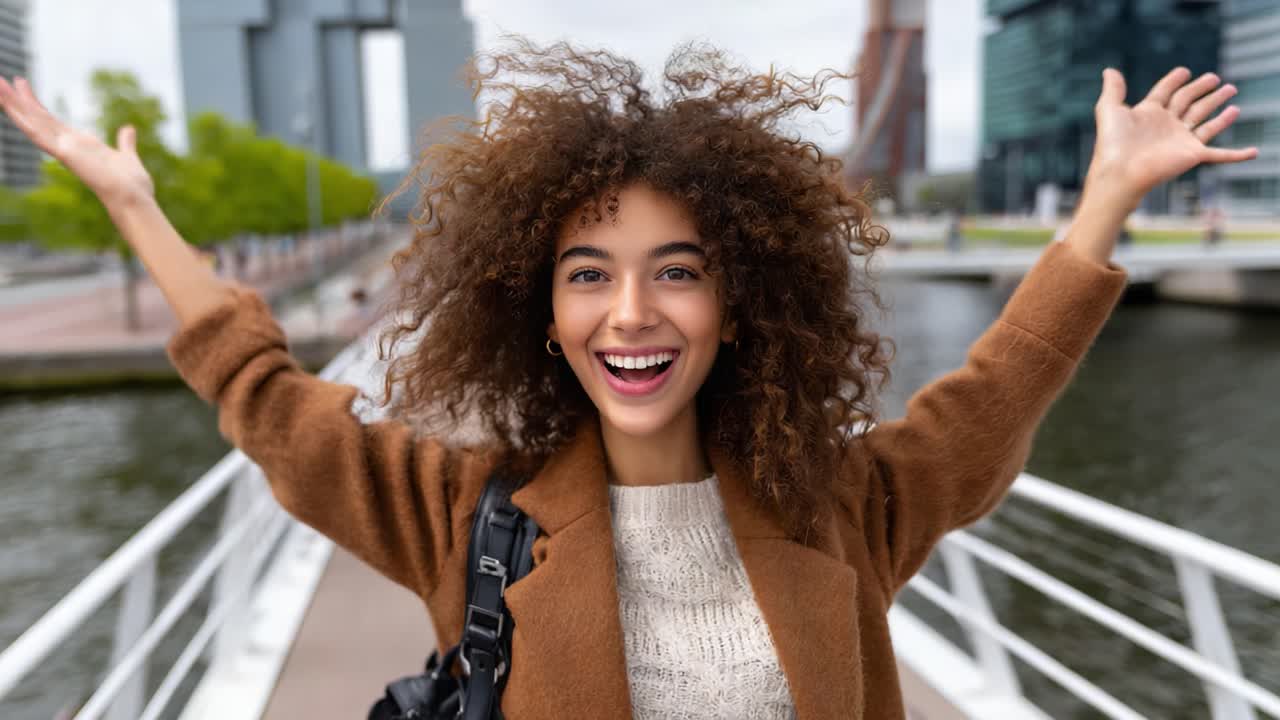 A Joyful Encounter: A Young Woman Exudes Happiness and Enthusiasm with Outstretched Arms Against a Scenic Urban Waterway Backdrop