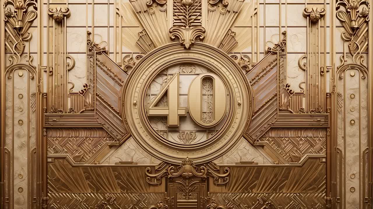 Pushing in, camera centering ornate metallic medallion at lobby wall, revealing textured number 40