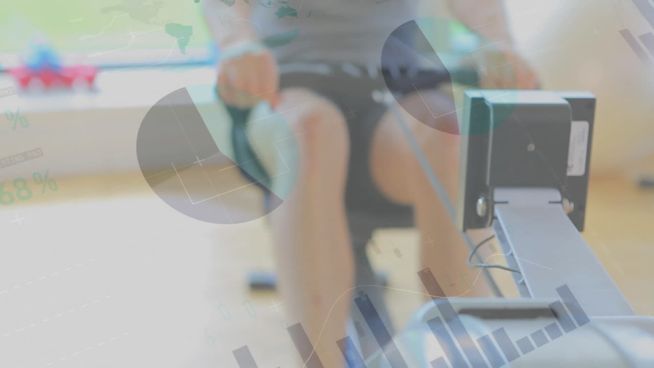 Animation of data processing over man using rowing machine