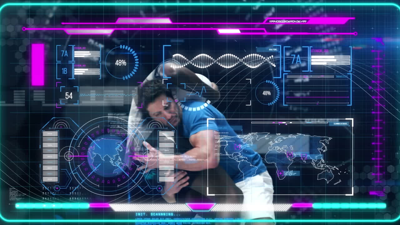 Animation of interface processing data over two male rugby players tackling