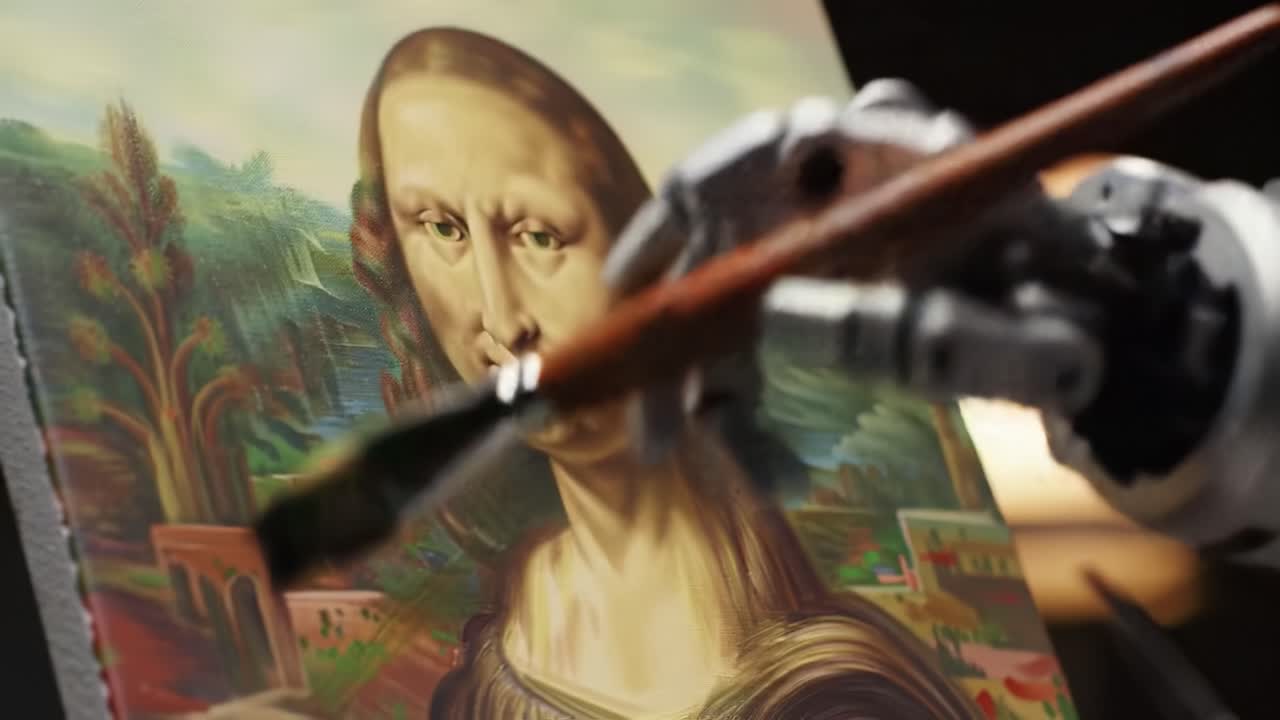In a lively art studio, an artist skillfully reimagines a famous painting using vivid colors and unique techniques. The process highlights creativity and innovation in modern artistry.