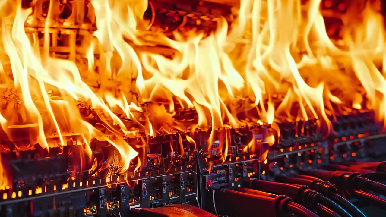 un montón de cables que están en llamas en una sala de servidores