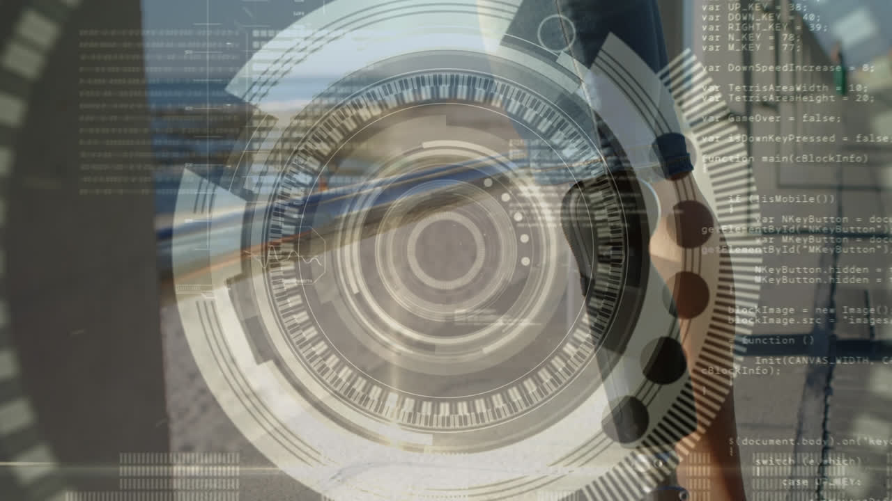 animación de escaneo de alcance sobre mujer con extremidad artificial de pie en la orilla del mar