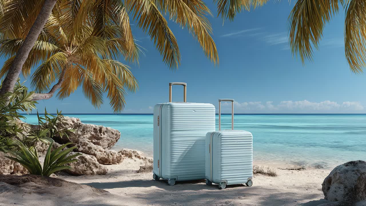 Zwei stylische, hellblaue Koffer stehen an einem Sandstrand, umgeben von üppigen Palmen und ruhigem, türkisfarbenem Wasser, die den Geist tropischer Urlaube wecken