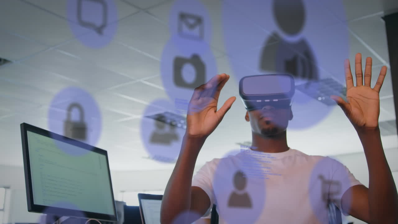 Blue digital icons floating against african american businessman wearing vr headset at home