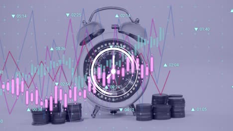 Animation-of-financial-data-processing-over-alarm-clock-and-stacks-of-coins