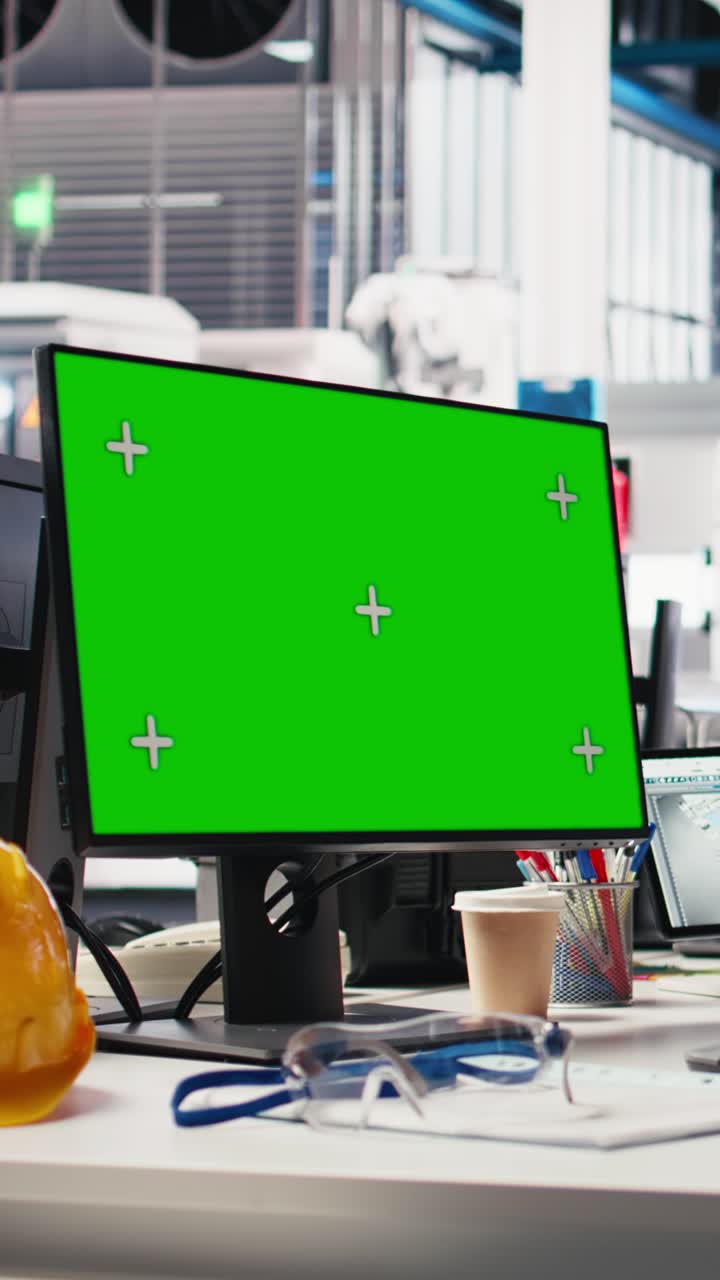 Vertical Video Black technician in photovoltaics factory reviews system on mockup pc