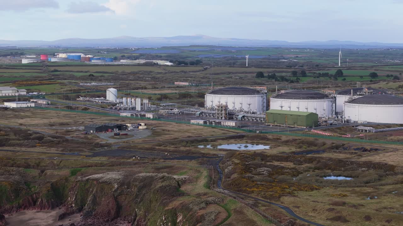 South Hook LNG regasification terminal aerial view liquid gas storage silo tanks in Milford Haven