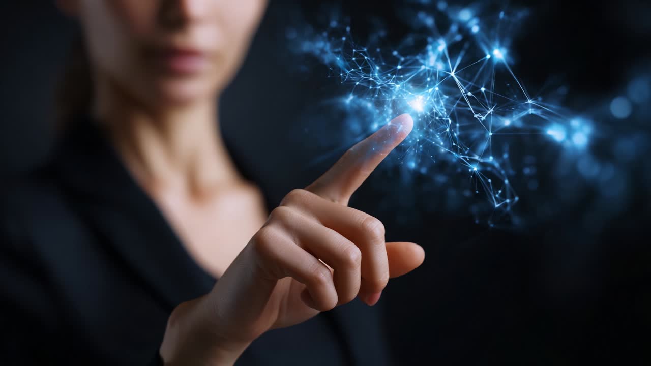 A close-up visual of a person extending their finger towards an ethereal network of glowing particles and connections, symbolizing the convergence of technology and human interaction in a digital age