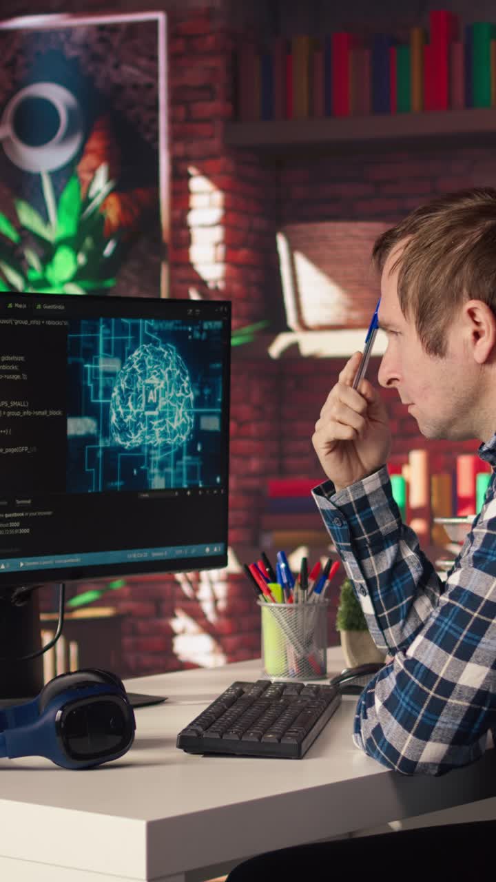 Vertical video AI software developer at computer waiting for code to finish compiling