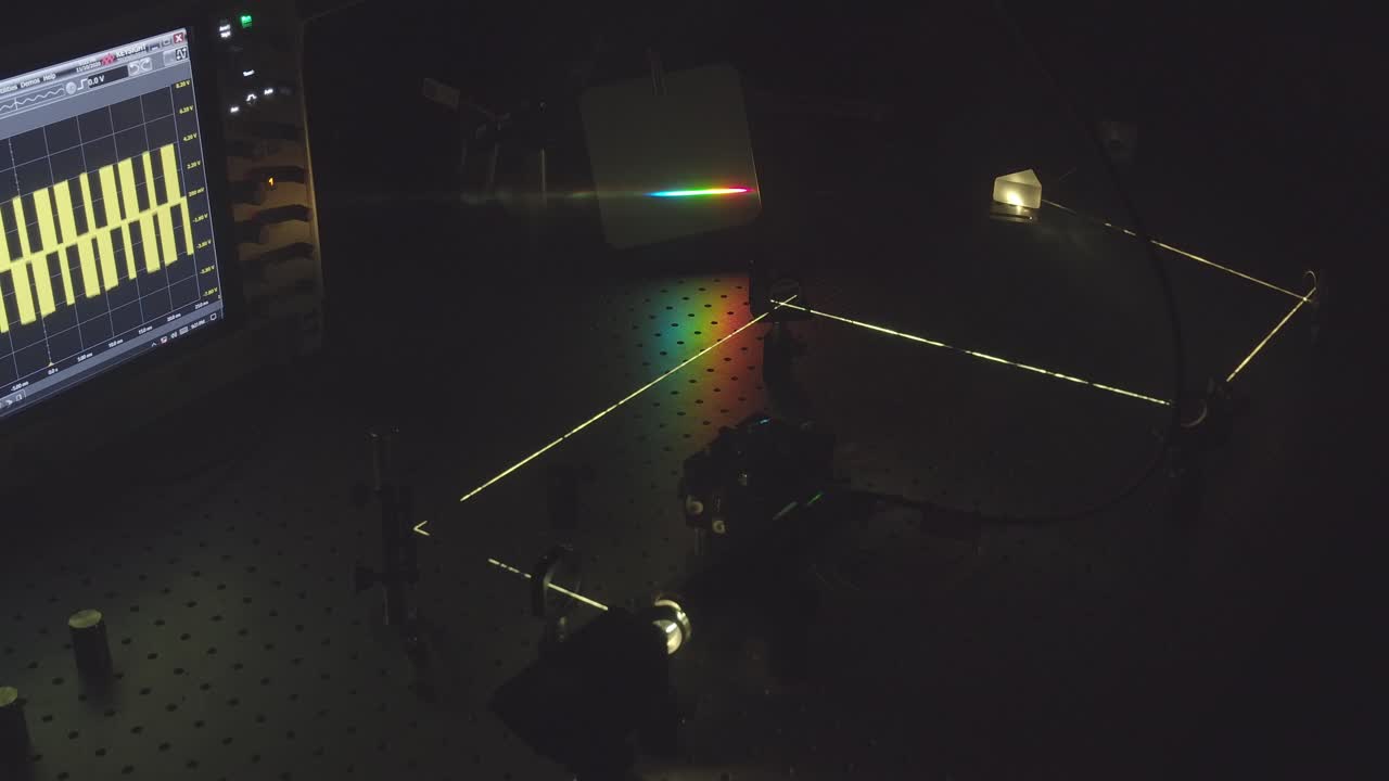 실험실 테이블에 레이저 설정은 우리가 어떻게 거울, 프리즘, 렌즈의 도움으로 빛을 반사 할 수 있는지 보여줍니다