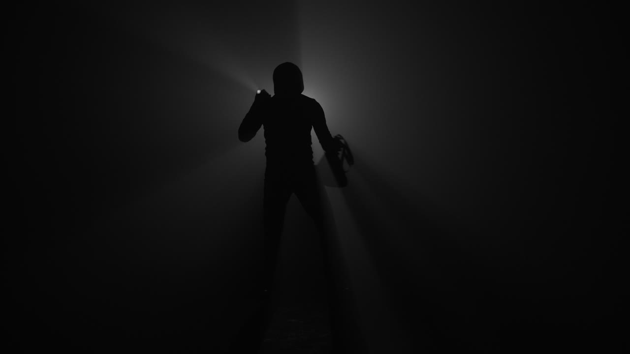 silueta de ladrón con linterna y bolsa