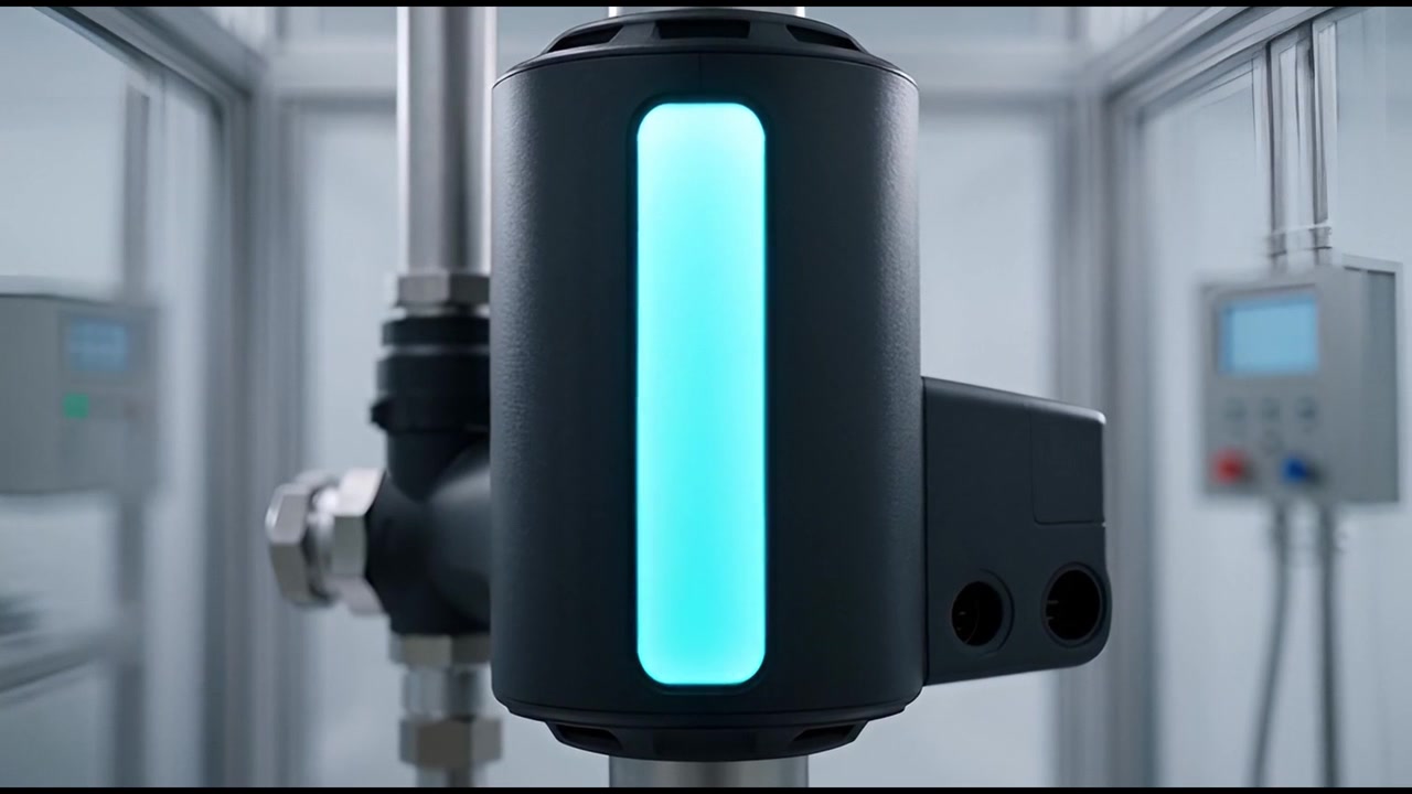 Moderno dispositivo industriale con indicatore luminoso ciano che si sta riempiendo