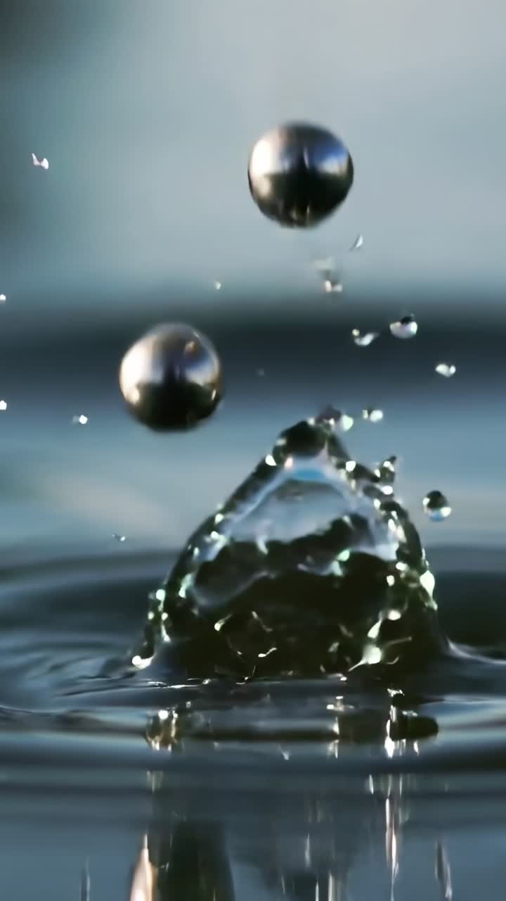 Vertikales Video: Drei Metallkugeln fallen im Studio auf eine Wasseroberfläche und erzeugen Kronen und Wellen.