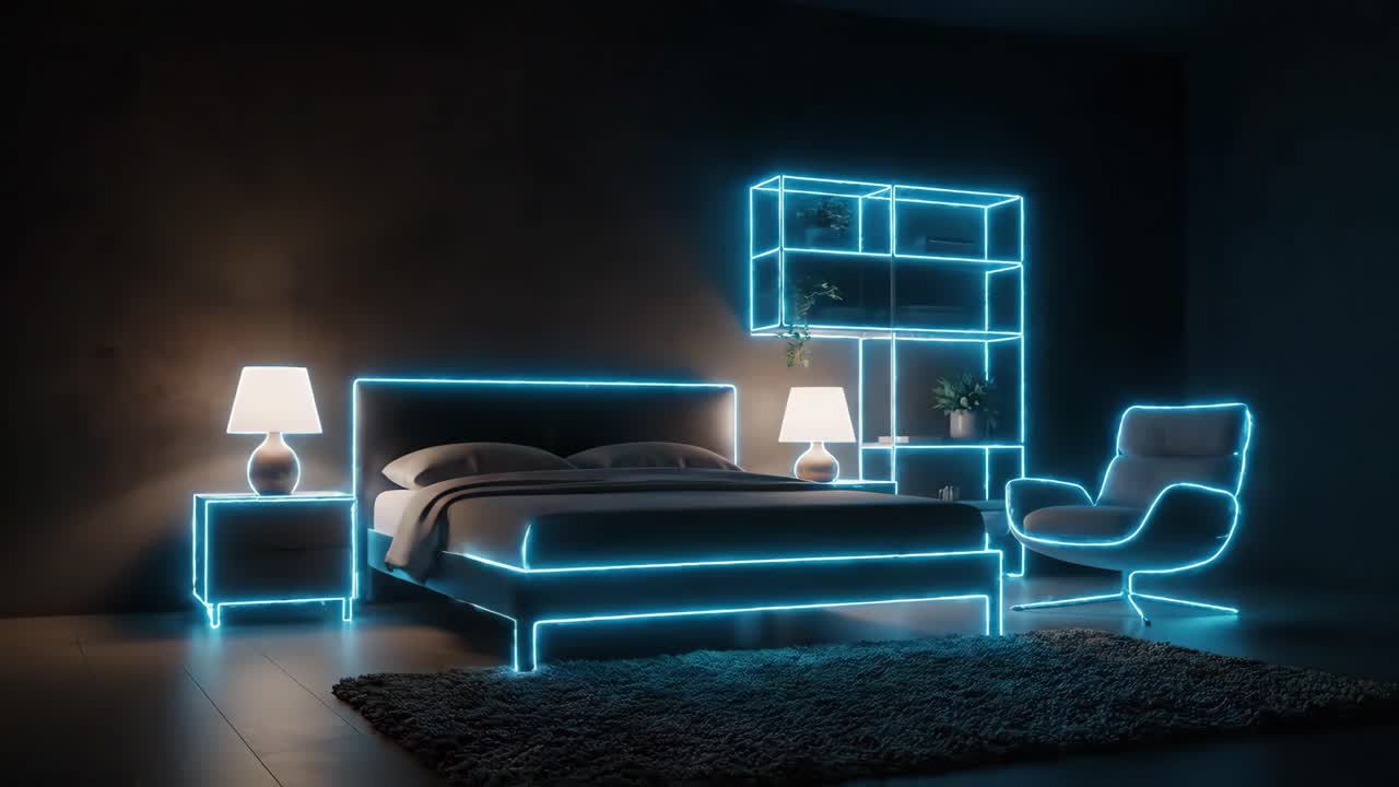 Modern Bedroom Interior with Neon Lighting